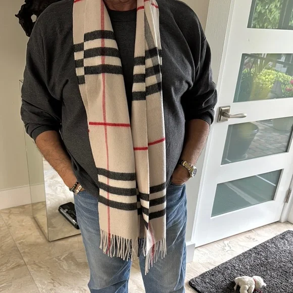 Burberry Classic Check Scarf in Cream, Black, and Red - Picture 3 of 3